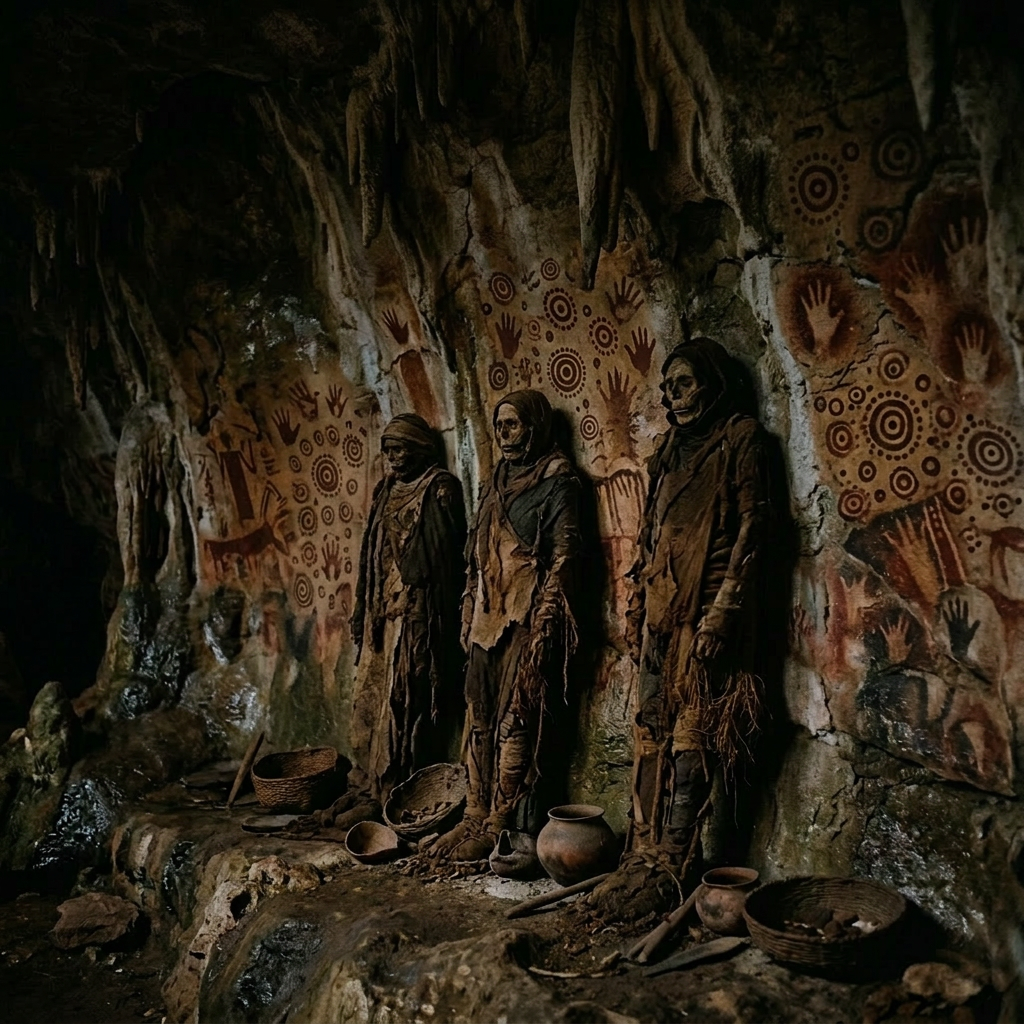 Three mummies dressed in tattered clothing standing against a cave wall with animal and handprint paintings.